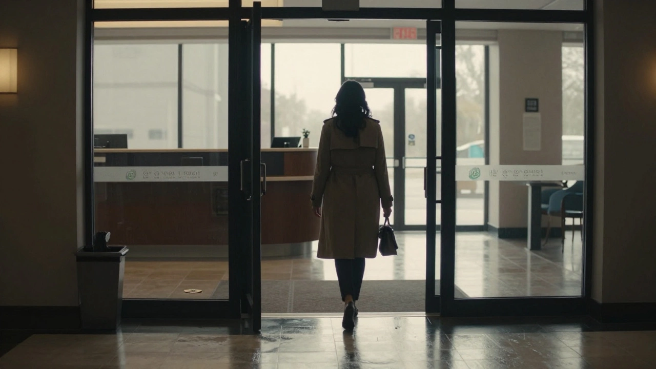 A woman leaves a hotel at dawn, face unseen, keycard discarded, quiet urban morning with wet pavement reflections.