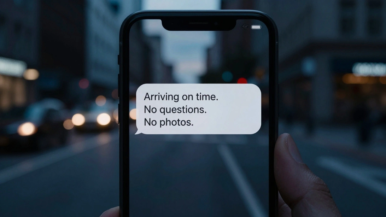 Reflection in a dark window shows a private message about punctuality and discretion, city lights blur in the background.