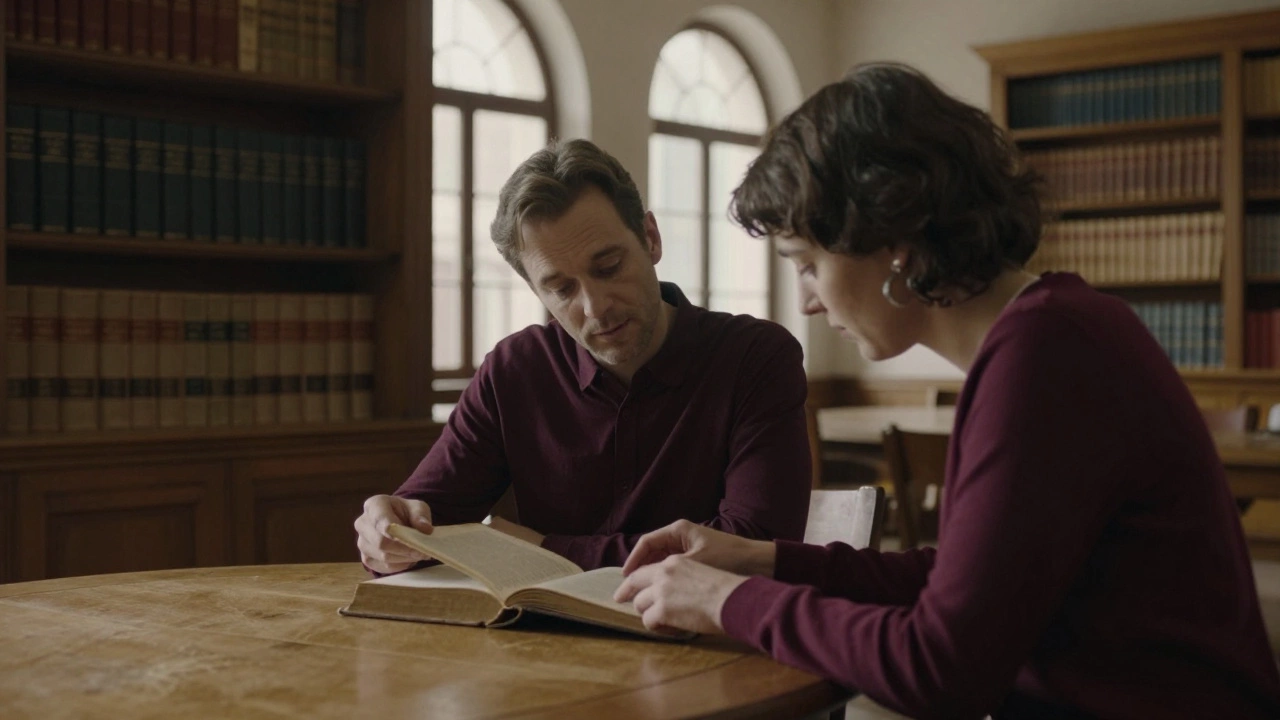 Two people quietly reading books together in a historic book market in Lille.